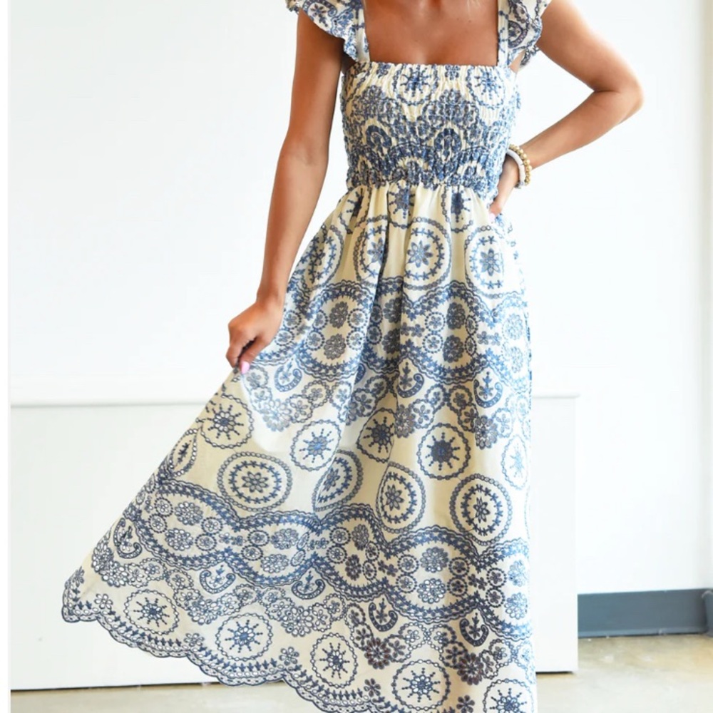 Blue and White Eyelet Women's Dress